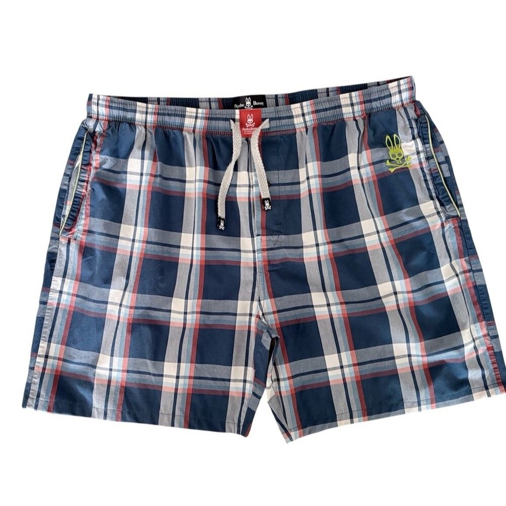 Psycho Bunny Men’s XL Plaid Lounge Shorts Cotton Pajama Bottoms Elastic Waist